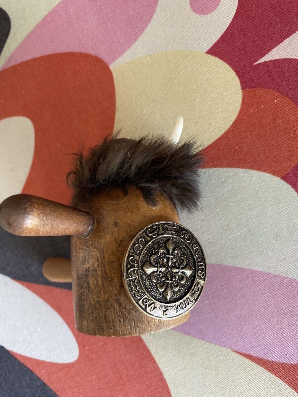 Rare Vintage Wood Viking with Horns Helmet and Shield